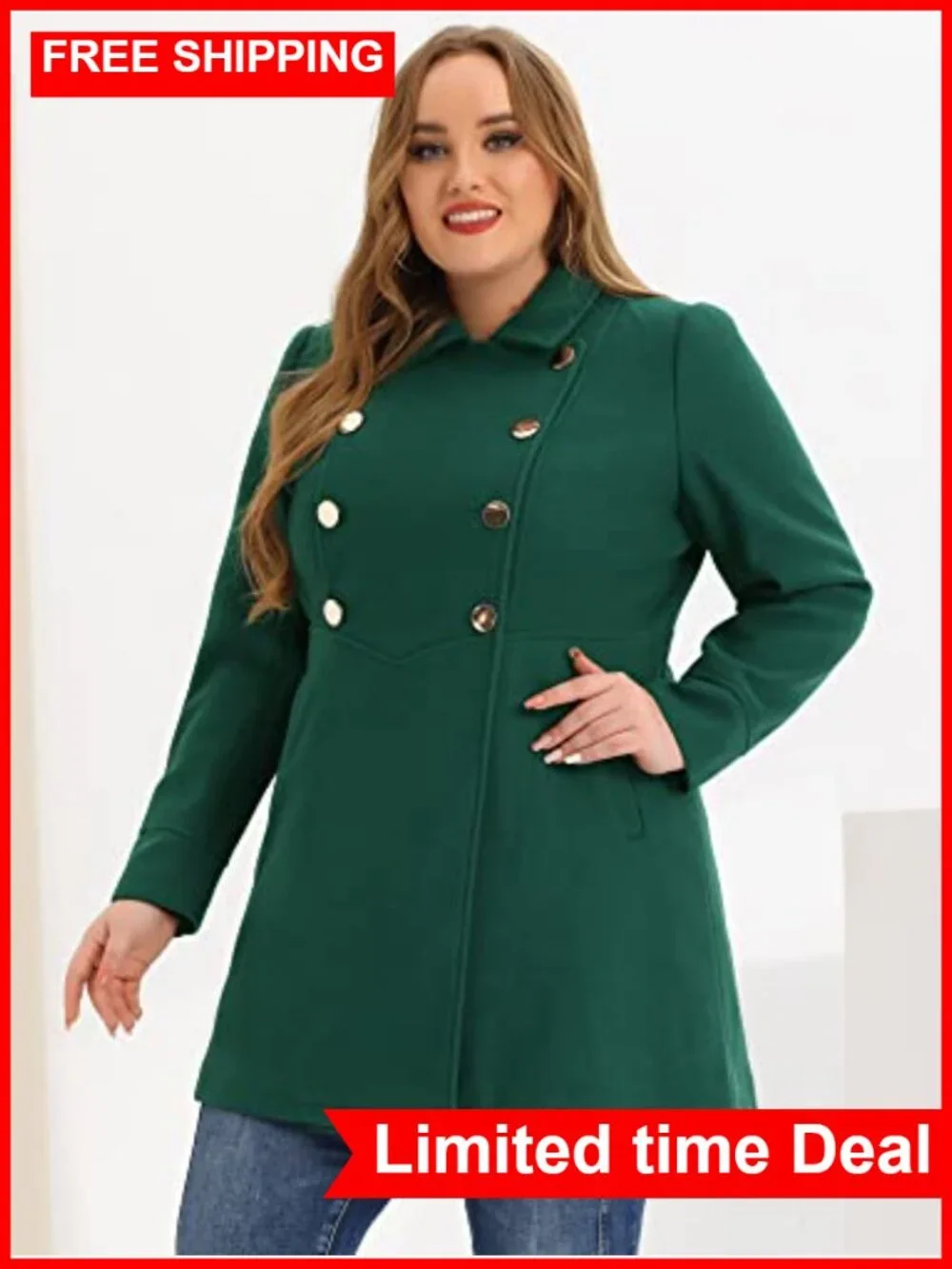 Plus Size Double Breasted A-Line Pea Coat Midi Wool Blend Winter